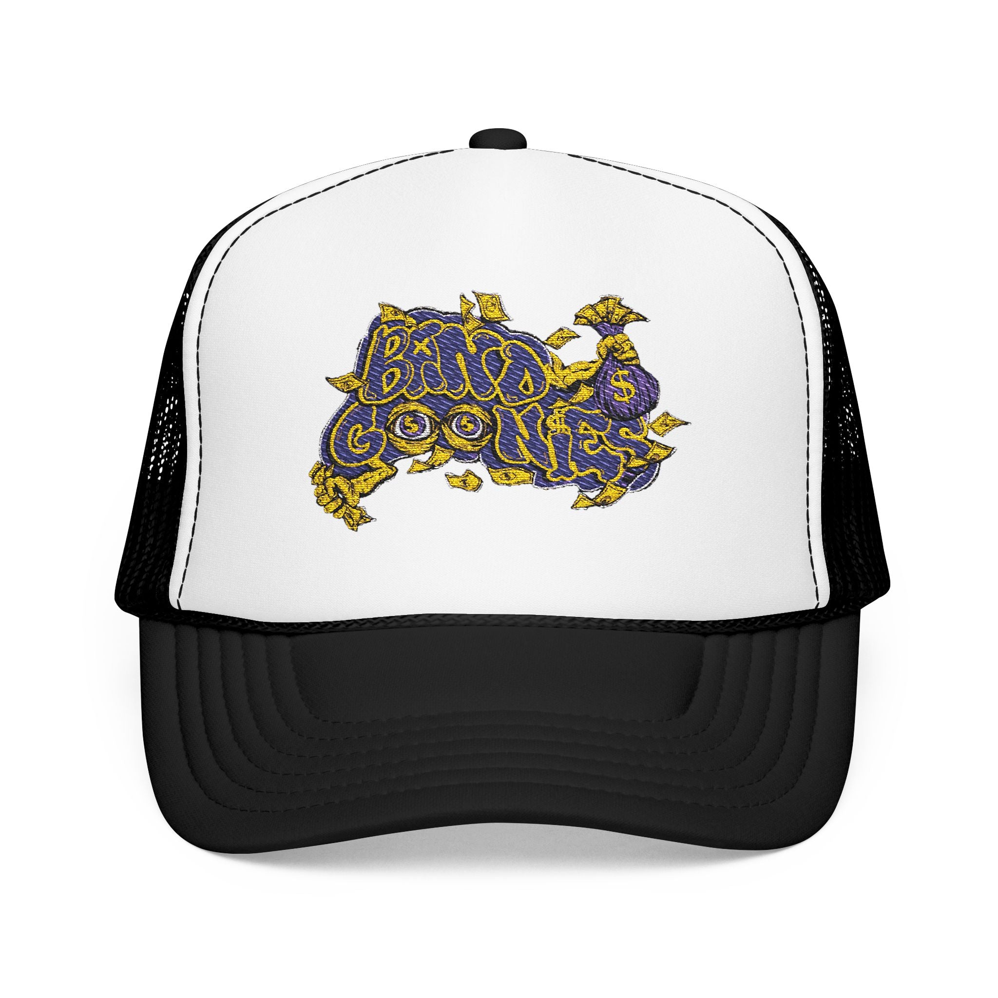 Purple & Yellow Band Goonies Foam Trucker Hat (Embroidery)