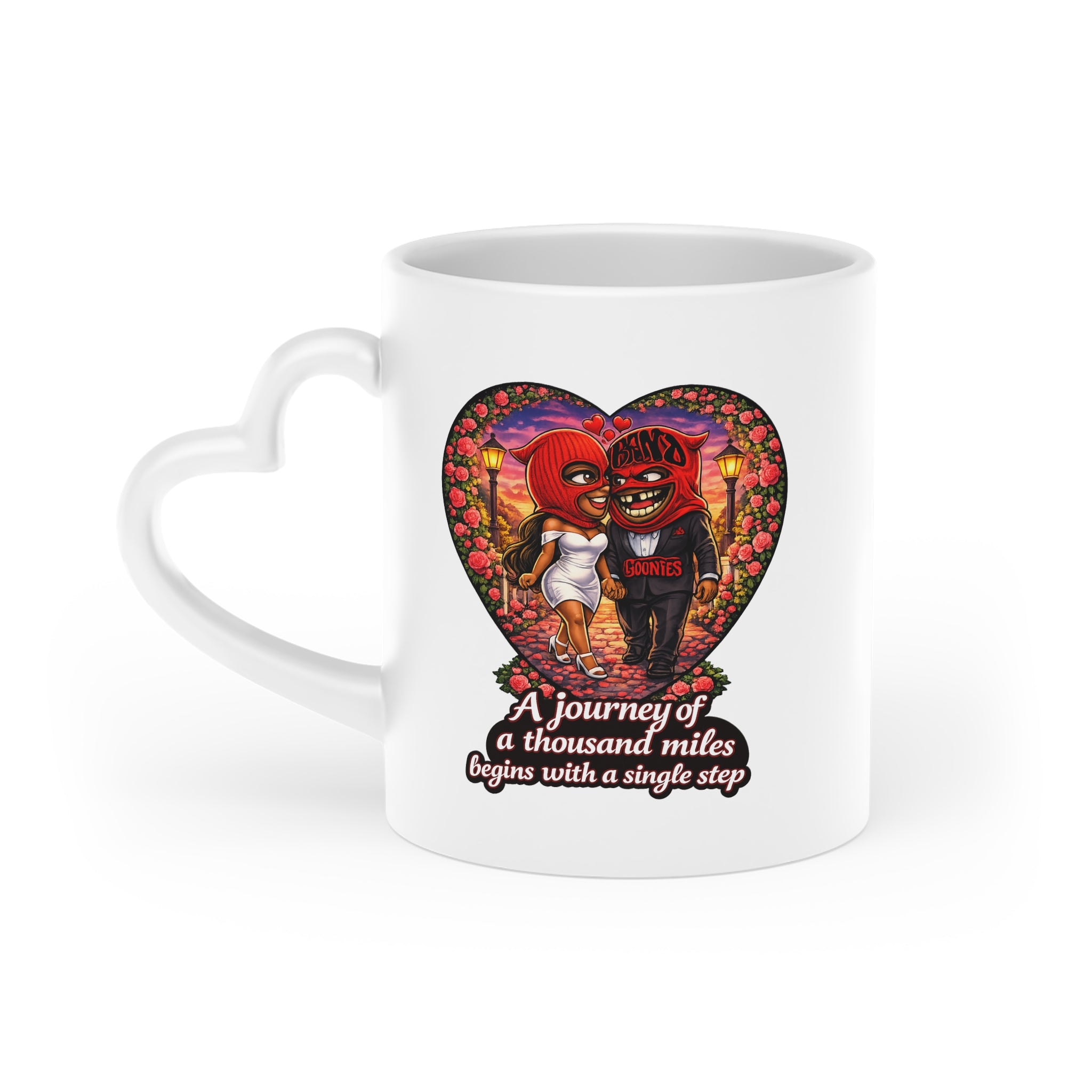 Heart-Shaped Mug | Red Goonie Couple "A Journey of a Thousand Miles Begins with a Single Step"