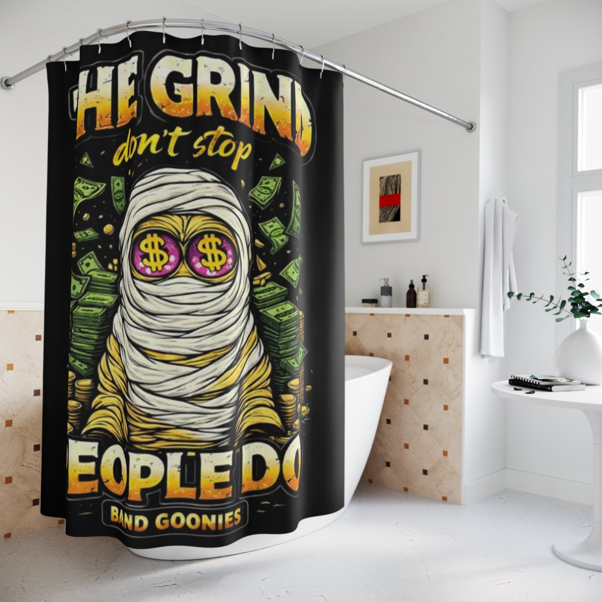 Bathroom Shower Curtains | OG Goonie "The Grind Don't Stop, People Do"