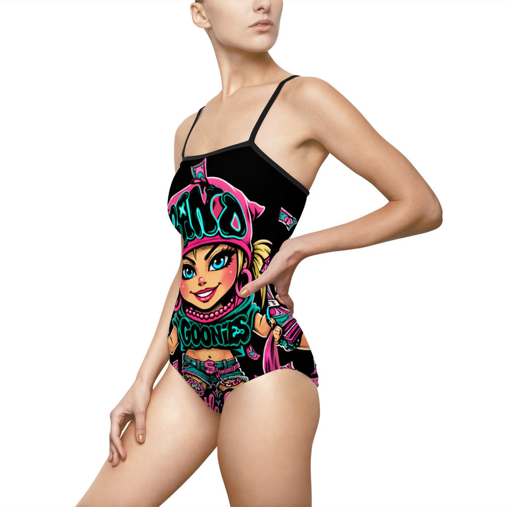 Women's One-piece Swimsuit | Pink & Teal Girl Goonie "Hustle over Hype"